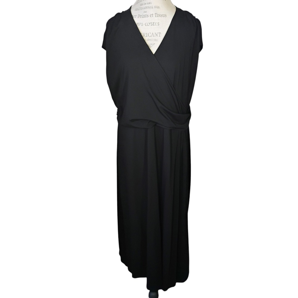 Lands End Maxi Dress Womens 2X Black Ruched Waist Faux Wrap Pima Cotton Comfort